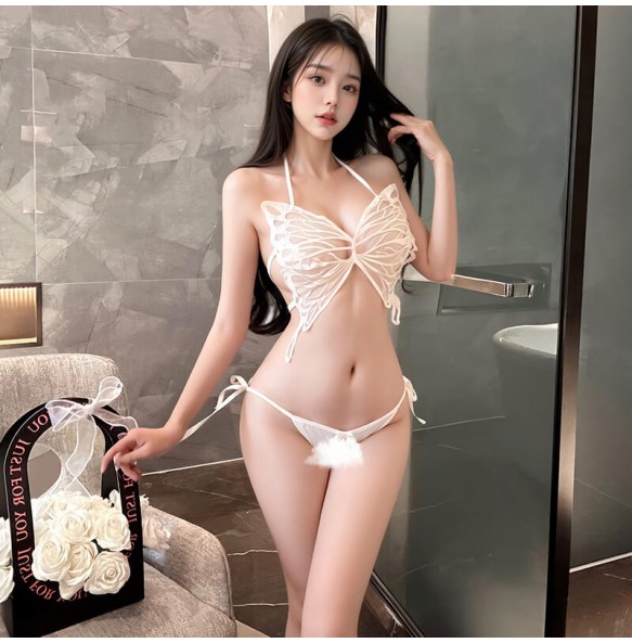 FEE ET MOI - Butterfly Pearl Crotchless Bikini (White)